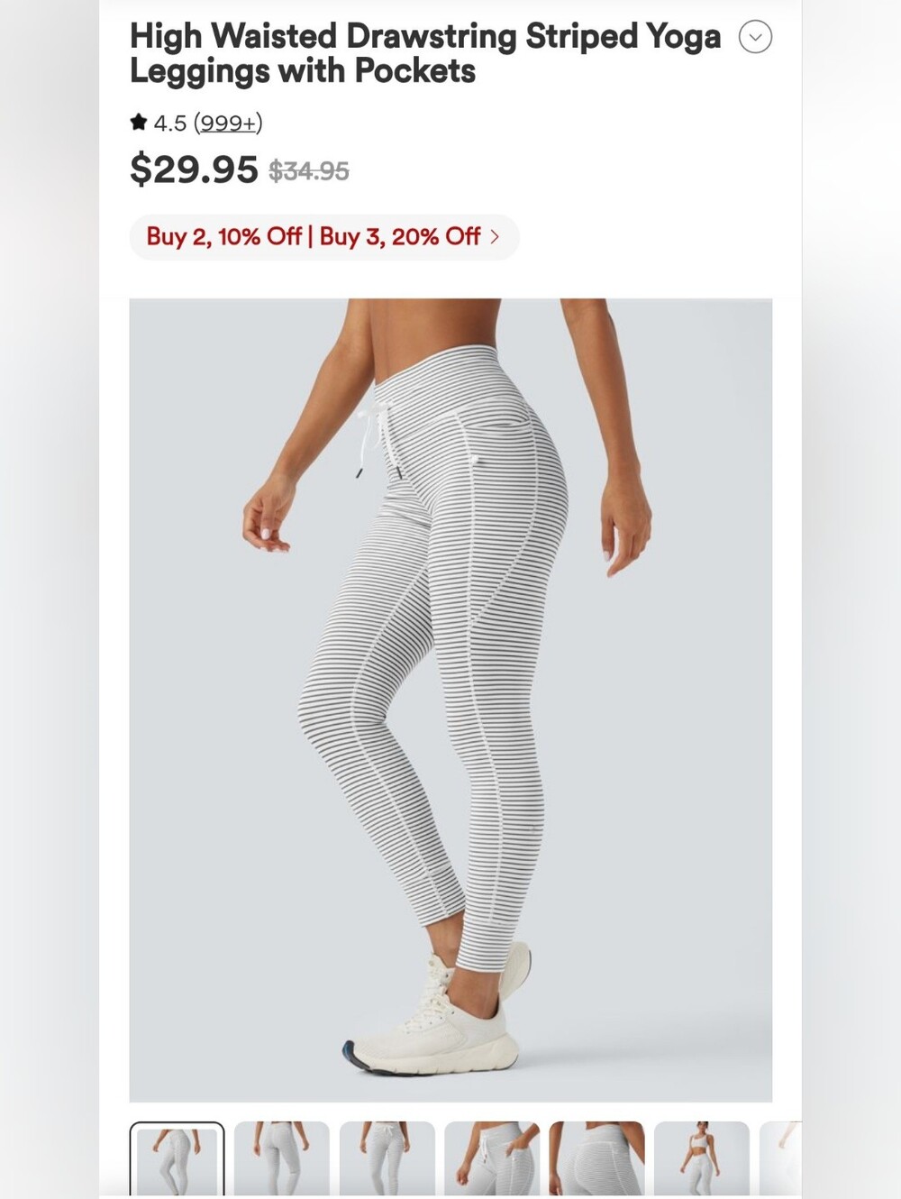 Halara Striped High-Waist Drawstring Yoga Leggings with Pockets - White/Black